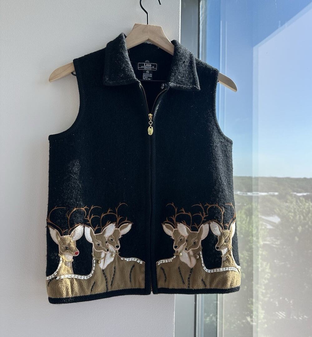 Lisa International Petites Black Boiled Wool Full Zip Vest Embroidered Deer PS